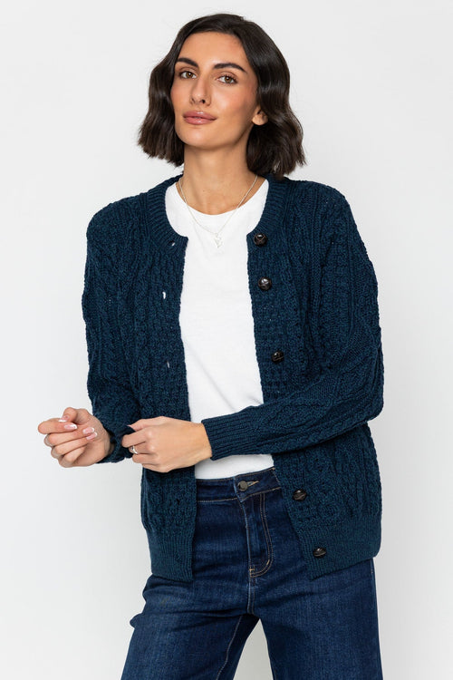 Carraig Donn Heritage Cable Knit Cardigan in Navy