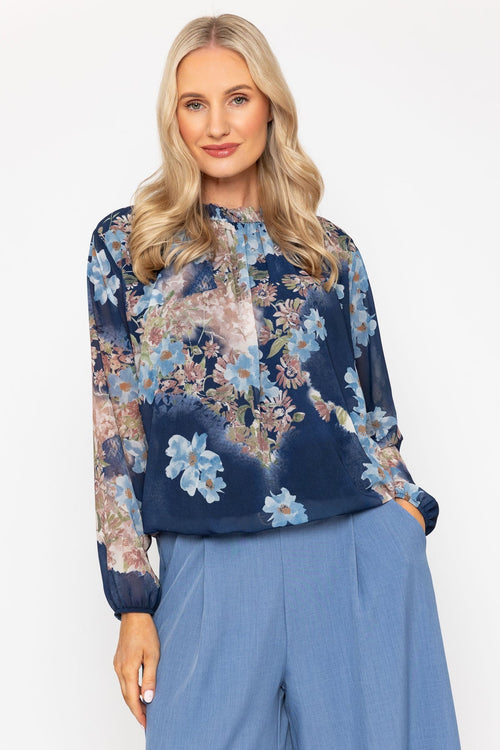High Neck Printed Top in Navy