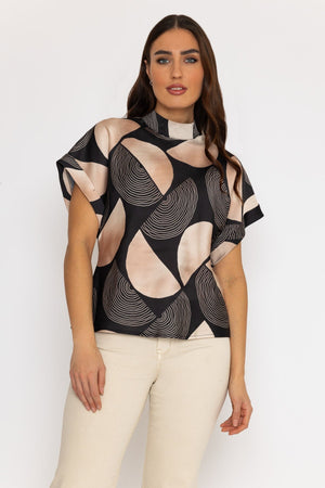 High Neck Sateen Top in Black and Gold Print