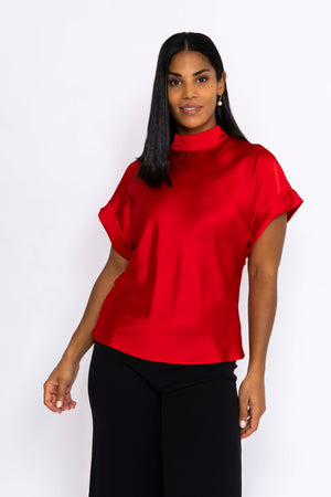 High Neck Sateen Top in Red