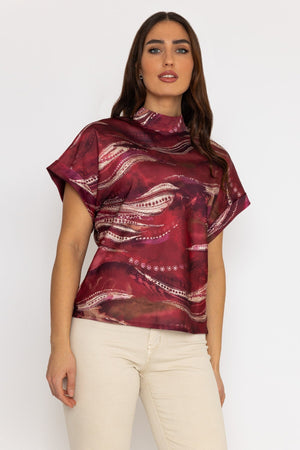 High Neck Sateen Top in Red Print