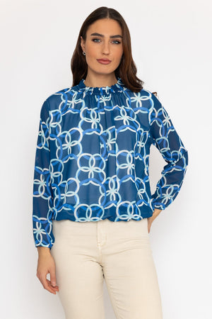 High Neck Top in Blue Print