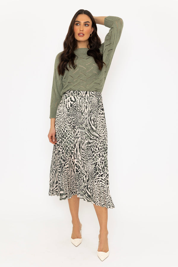 Carraig Donn Khaki Animal Print Pleated Skirt