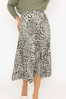 Carraig Donn Khaki Animal Print Pleated Skirt