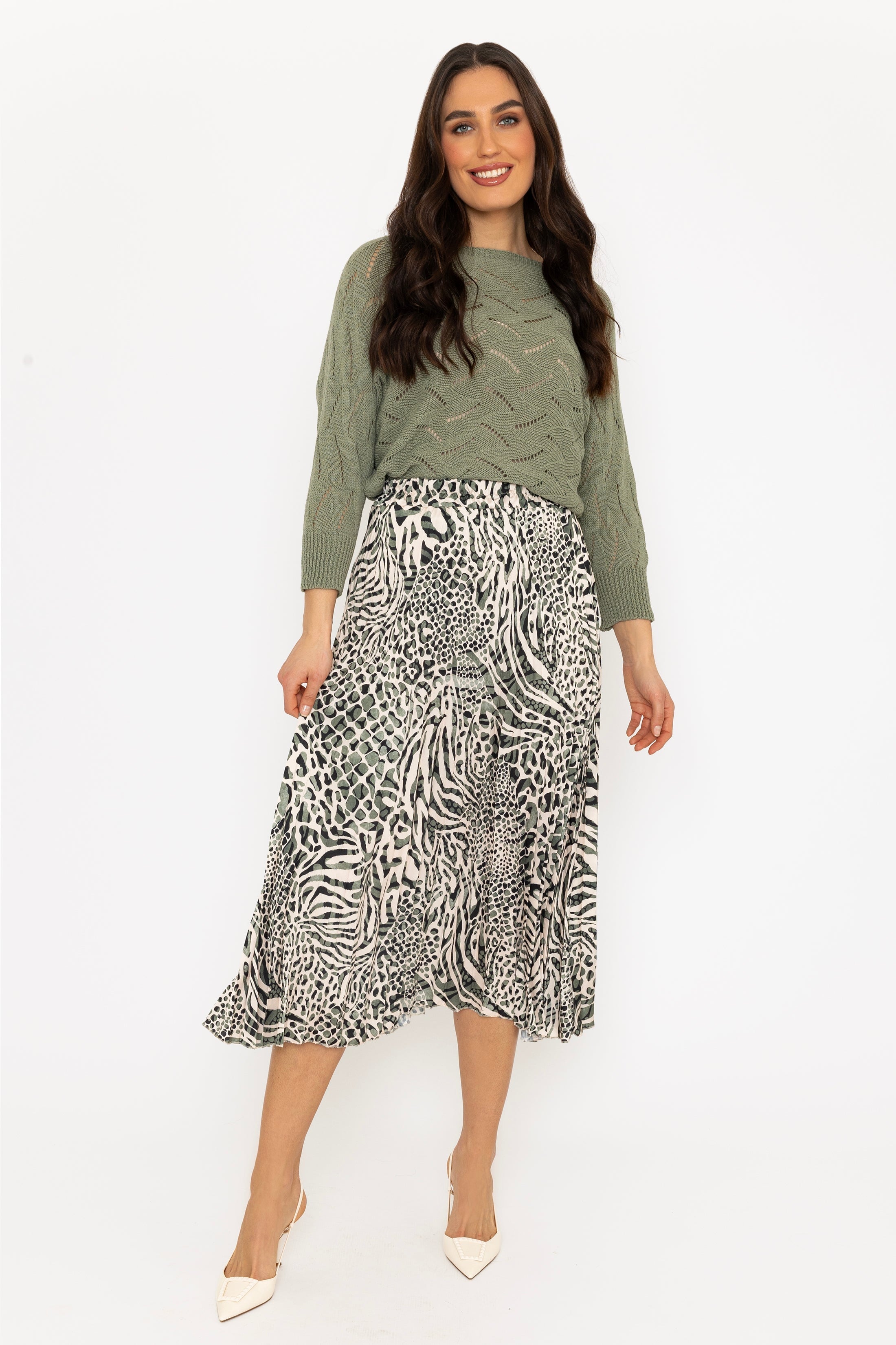 Khaki Animal Print Pleated Skirt