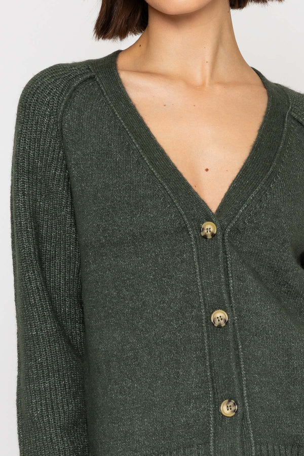 Carraig Donn Khaki Cardigan with Ribbed Sleeves