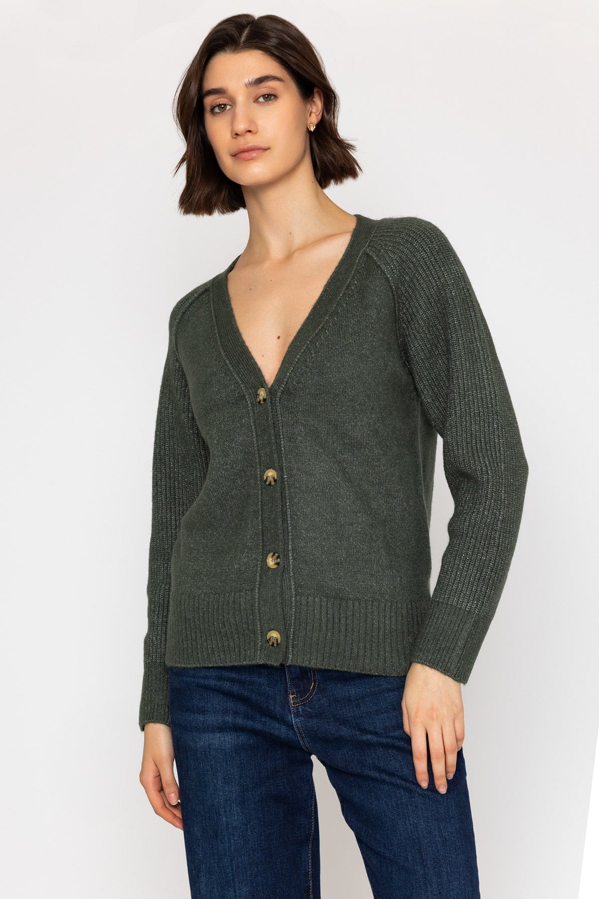 Khaki Cardigan with Ribbed Sleeves