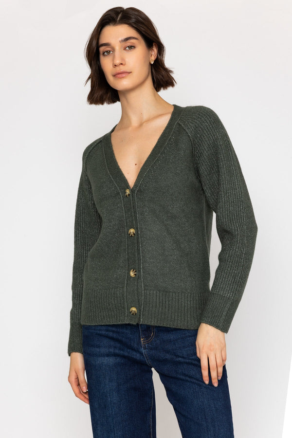 Carraig Donn Khaki Cardigan with Ribbed Sleeves