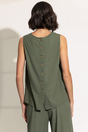 Carraig Donn Khaki Linen Blend Top with Button Back Detail