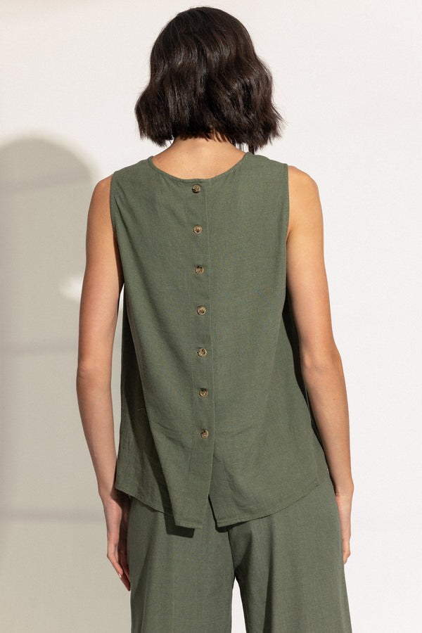 Carraig Donn Khaki Linen Blend Top with Button Back Detail