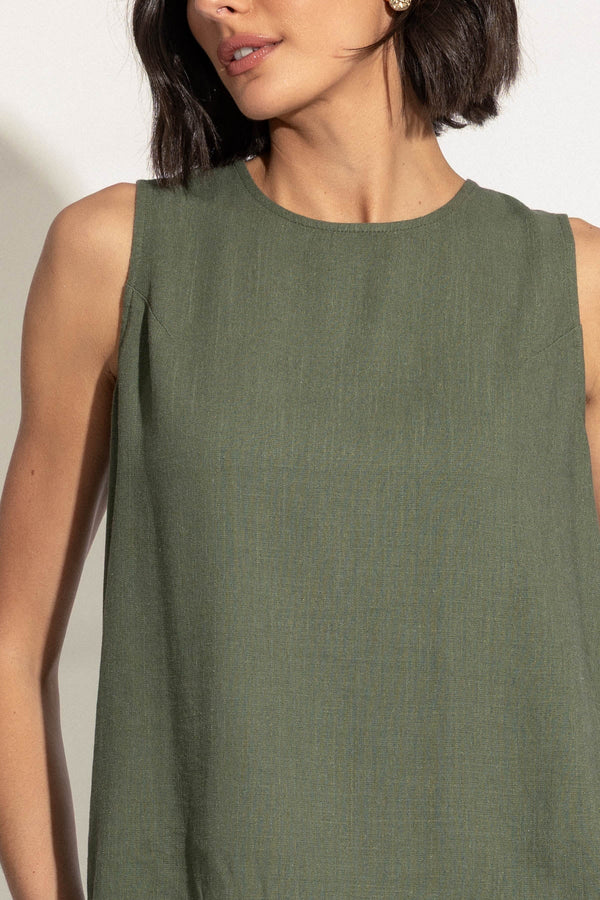 Carraig Donn Khaki Linen Blend Top with Button Back Detail