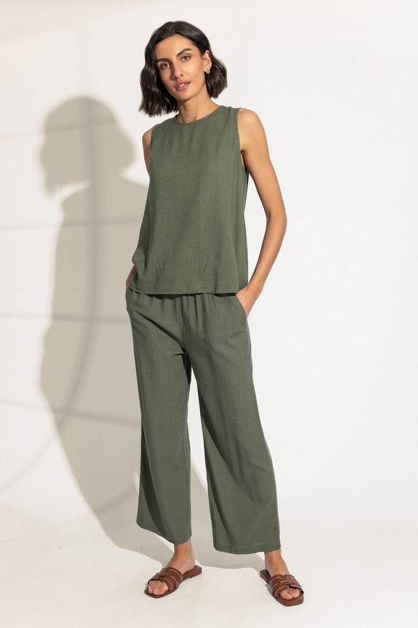 Carraig Donn Khaki Linen Blend Top with Button Back Detail