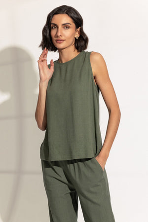 Carraig Donn Khaki Linen Blend Top with Button Back Detail