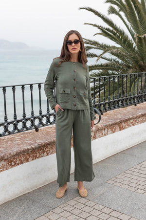 Carraig Donn Khaki Linen Blend Wide Leg Trousers