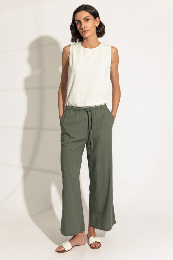Carraig Donn Khaki Linen Blend Wide Leg Trousers