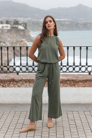 Carraig Donn Khaki Linen Blend Wide Leg Trousers