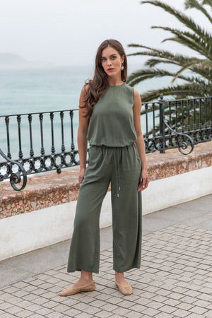 Carraig Donn Khaki Linen Blend Wide Leg Trousers