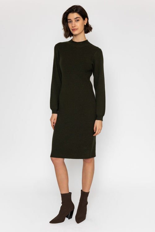 Khaki Long Sleeve Ribbed Knit Midi Dress