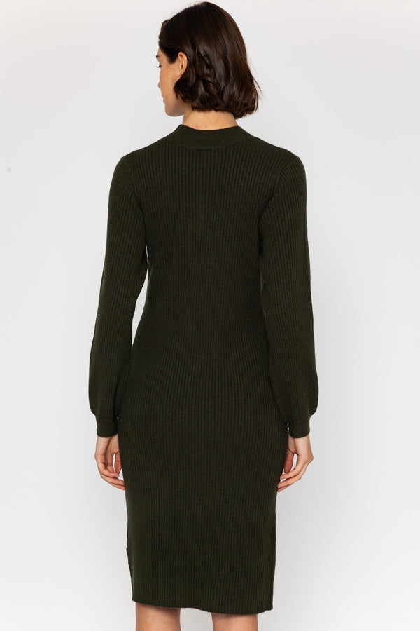 Carraig Donn Khaki Long Sleeve Ribbed Knit Midi Dress