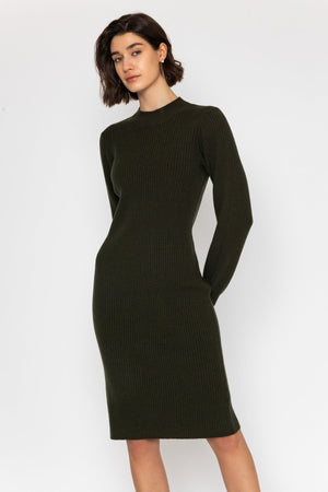 Carraig Donn Khaki Long Sleeve Ribbed Knit Midi Dress