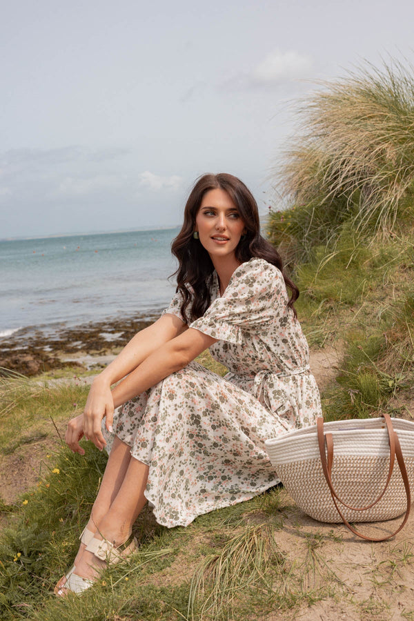 Carraig Donn Khaki Print Short Sleeve Sinead Midi Dress