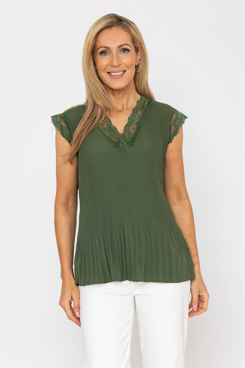 Khaki Sleeveless Lace Trim Pleat Top