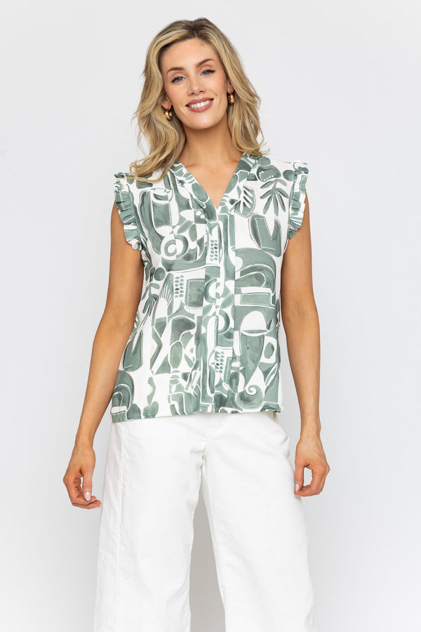 Carraig Donn Khaki Sleeveless Print Top