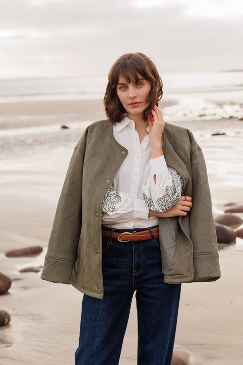 Khaki Suedette Quilted Coat