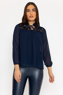 Carraig Donn Lace Insert Blouse in Navy