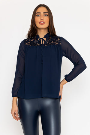 Lace Insert Blouse in Navy