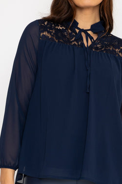 Carraig Donn Lace Insert Blouse in Navy