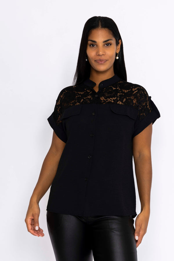 Lace Insert Shirt in Black, Tops