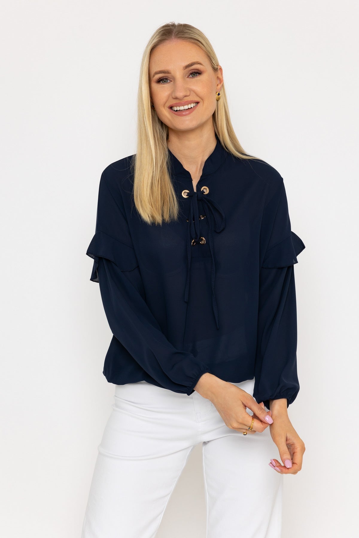 Lace Up Blouse in Navy