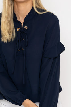 Carraig Donn Lace Up Blouse in Navy