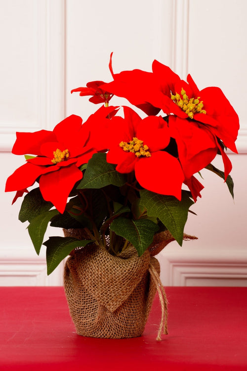 Large Red Christmas Faux Poinsettia With Wrapped Vase