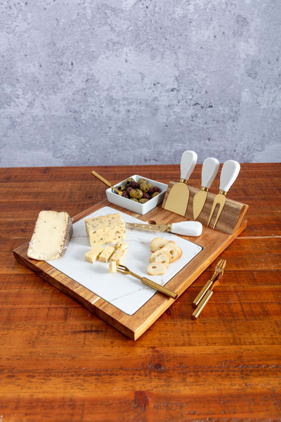 11-Inch Natural Marble Cheese Board With Gold Foiling - Elegant Serving Platter For Entertaining