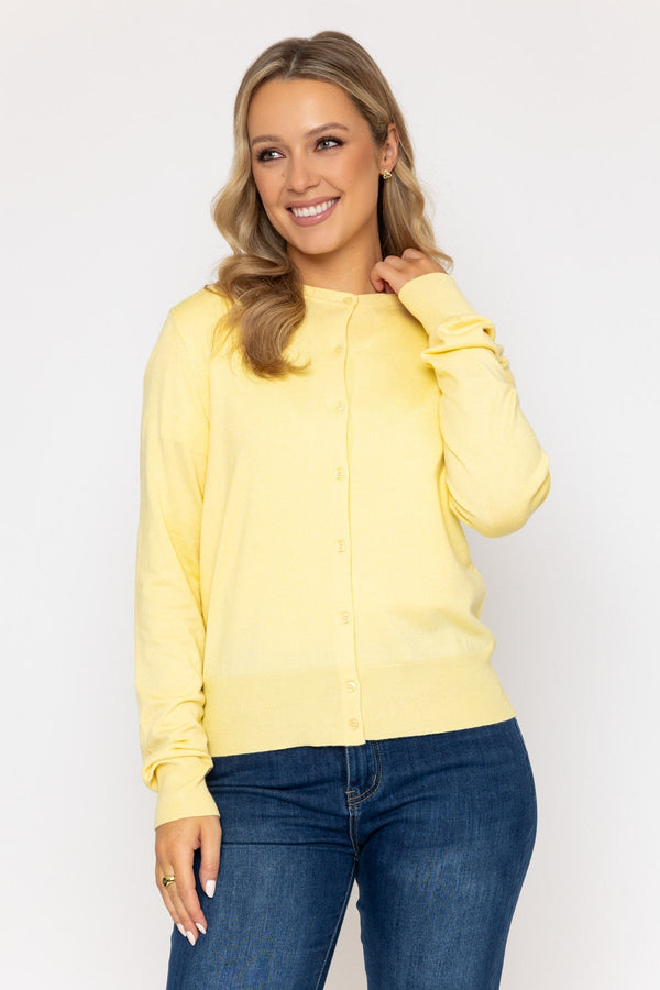 Carraig Donn Lemon Yellow Fine Gauge Crew Neck Cardigan