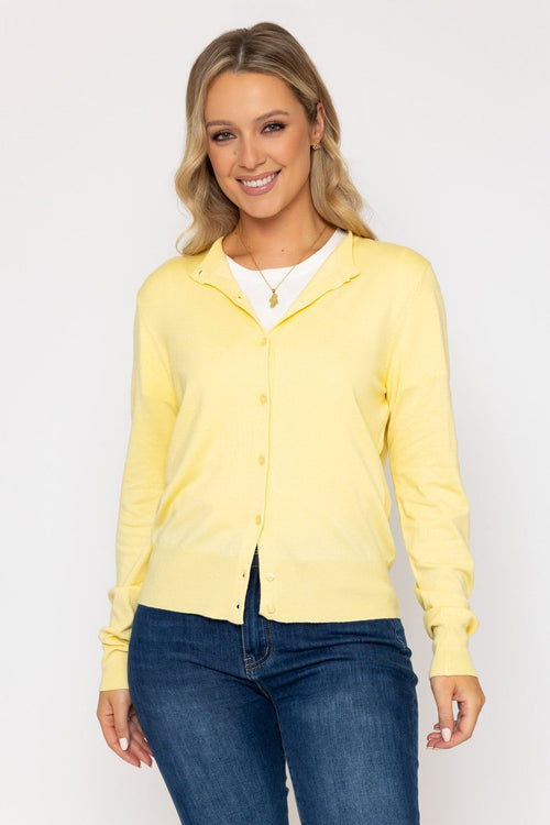 Carraig Donn Lemon Yellow Fine Gauge Crew Neck Cardigan