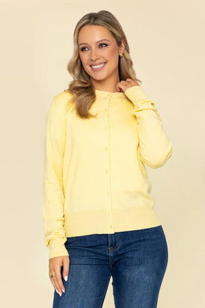Carraig Donn Lemon Yellow Fine Gauge Crew Neck Cardigan