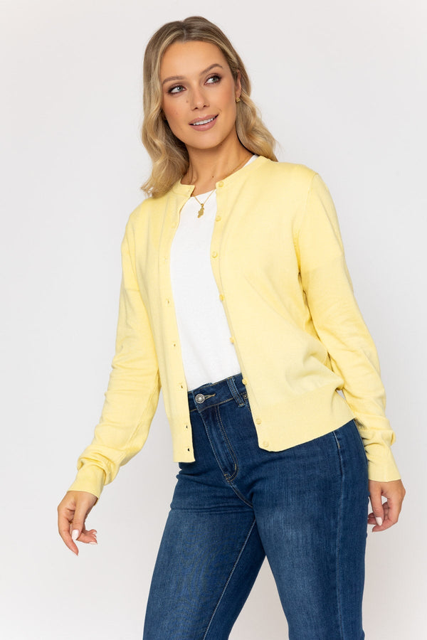 Carraig Donn Lemon Yellow Fine Gauge Crew Neck Cardigan