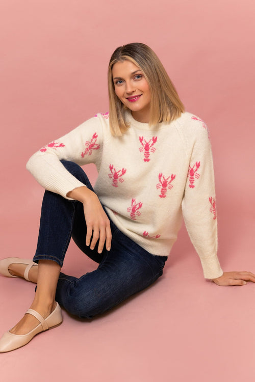 Carraig Donn Lobster Motif Knit Jumper in White & Pink
