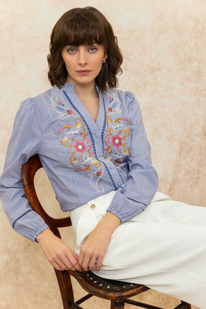 Carraig Donn Long Sleeve Blue Striped Shirt with Floral Detail
