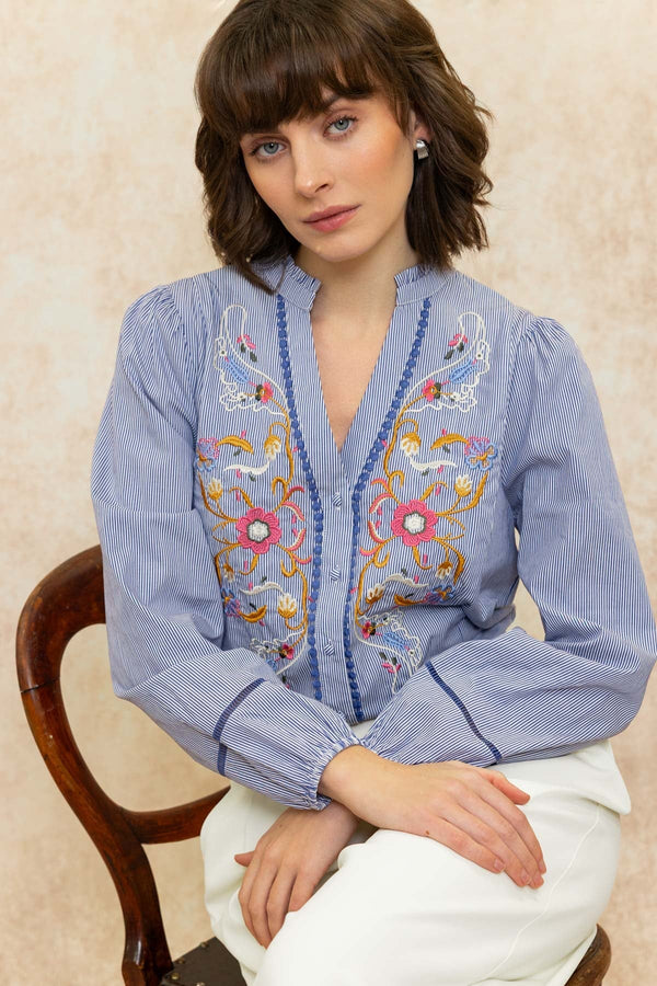 Carraig Donn Long Sleeve Blue Striped Shirt with Floral Detail