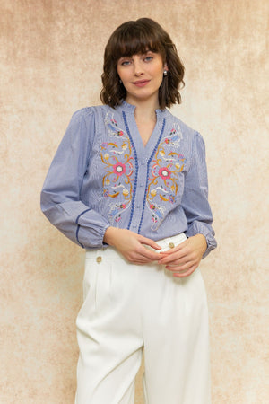 Carraig Donn Long Sleeve Blue Striped Shirt with Floral Detail