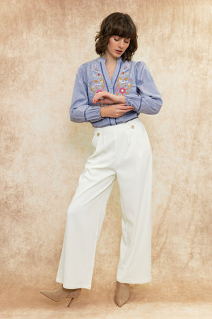 Carraig Donn Long Sleeve Blue Striped Shirt with Floral Detail