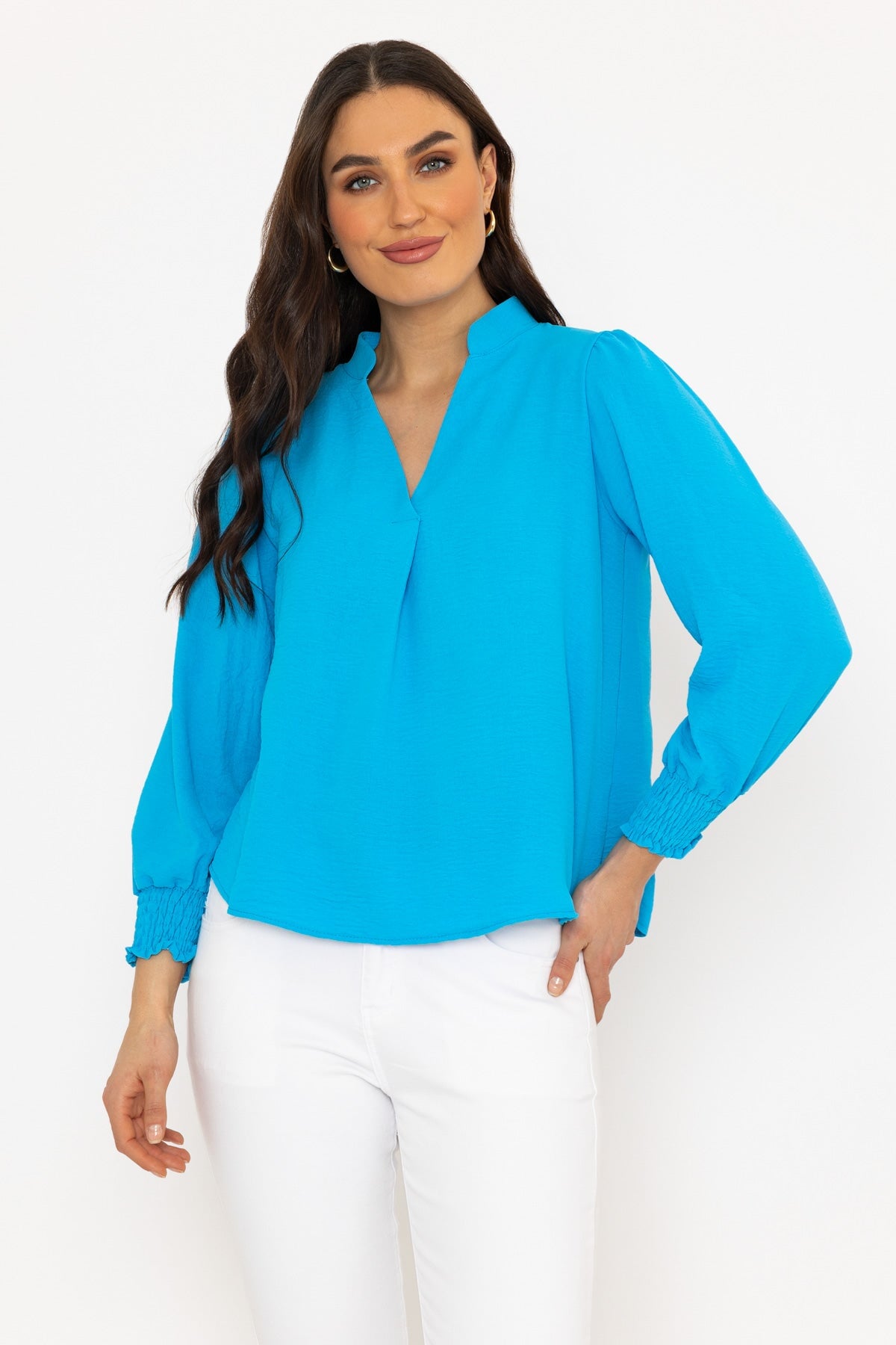 Long Sleeve Collarless Top in Blue