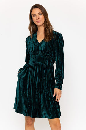 Carraig Donn Long Sleeve Crushed Velvet Dress in Green