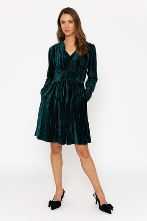 Carraig Donn Long Sleeve Crushed Velvet Dress in Green