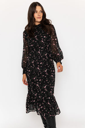 Carraig Donn Long Sleeve Floral Boho Dress in Black