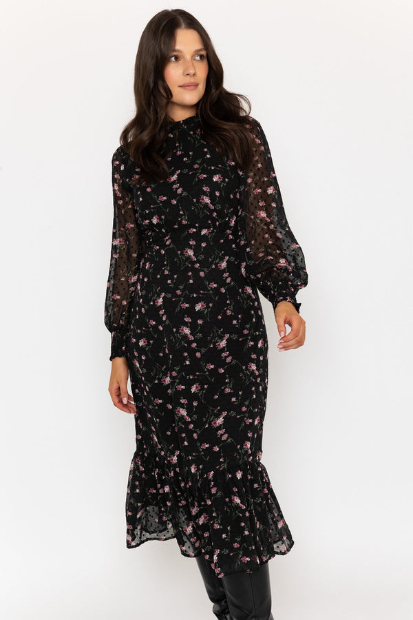 Carraig Donn Long Sleeve Floral Boho Dress in Black